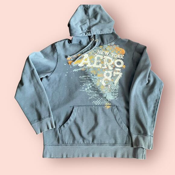 Aeropostale Hoodie Blue Graphic Sweatshirt Mens XL Kangaroo Pocket Pullover - Picture 5 of 8